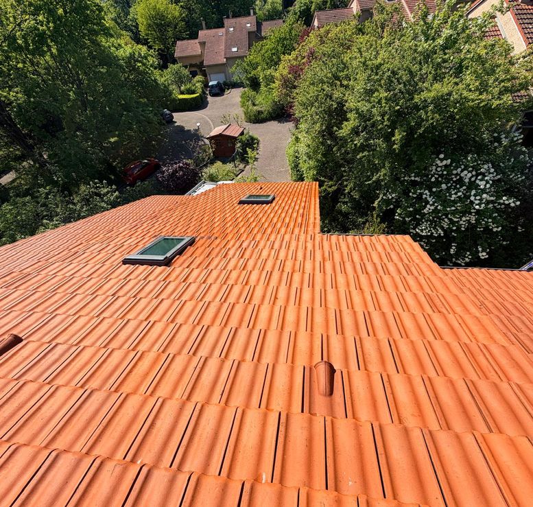 Couverture en tuiles rouges avec deux fenêtres de toit, vue depuis le faîtage