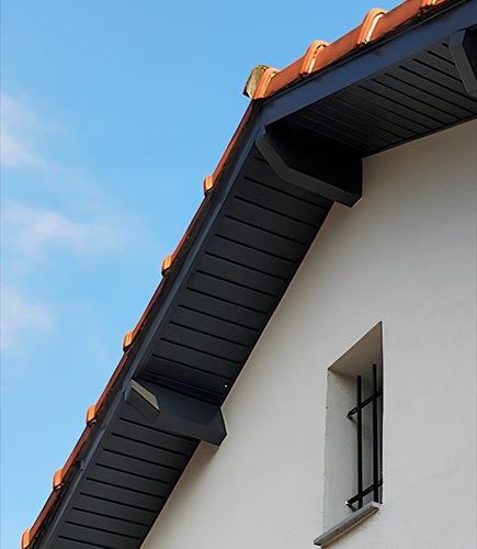 Rive et sous-face anthracite contrastant avec la façade blanche d’une maison