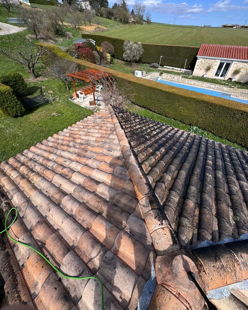Toiture en tuiles à mi-parcours d’un démoussage, un versant traité, l’autre encore couvert de mousse