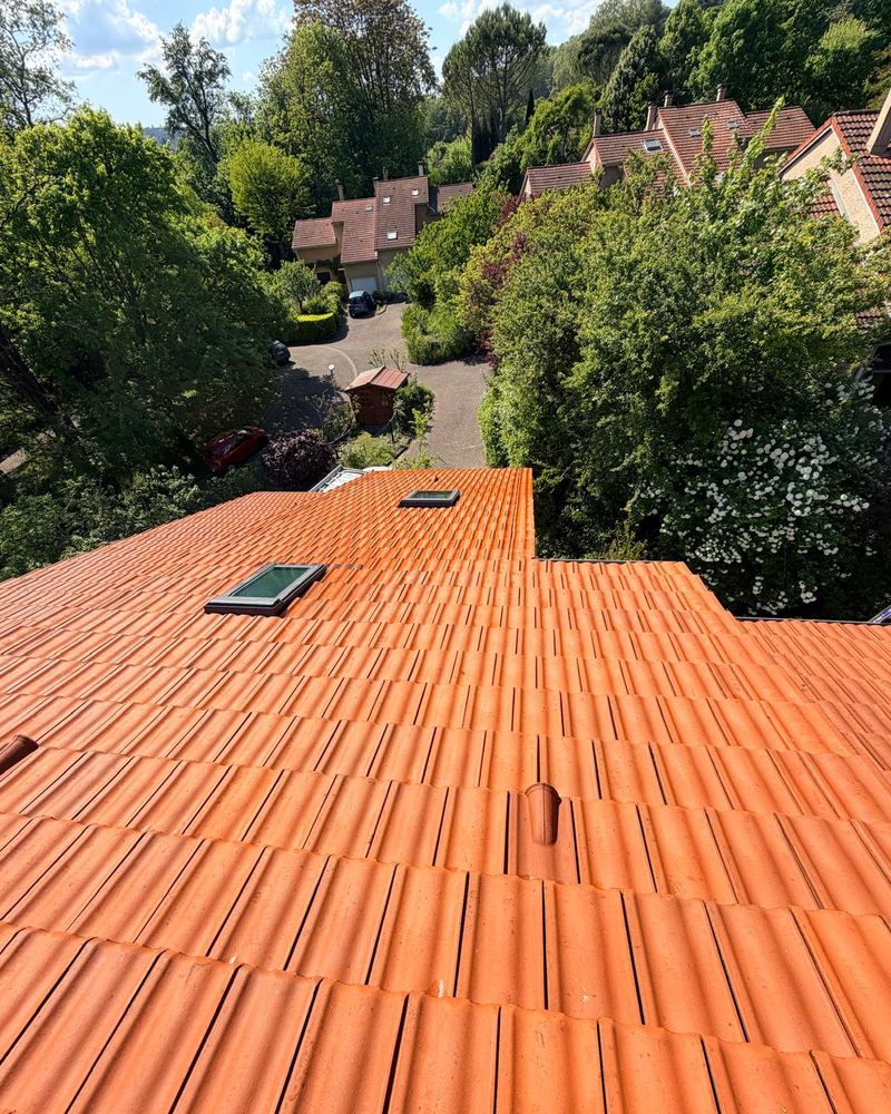 Couverture en tuiles rouges avec deux fenêtres de toit, vue depuis le faîtage